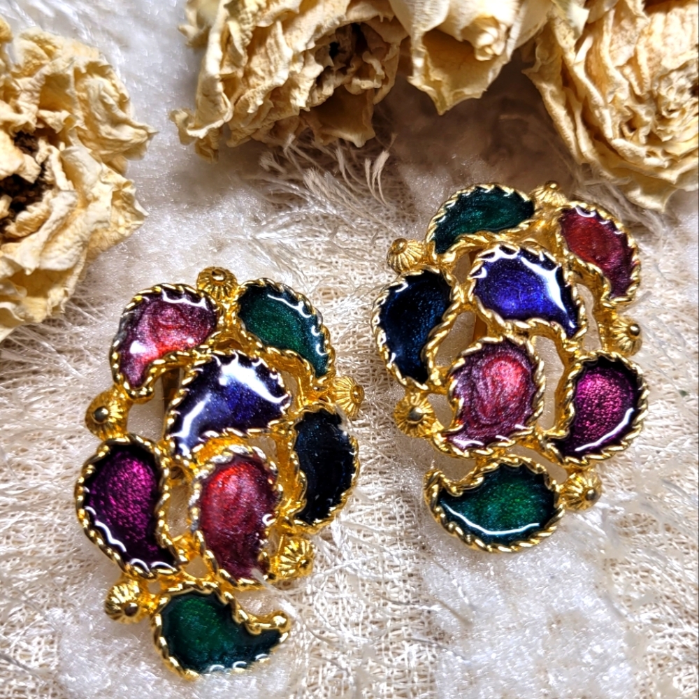 Vintage Premier Designs Multicolor Earrings Clip On Goldtone Filigree Rope Edge